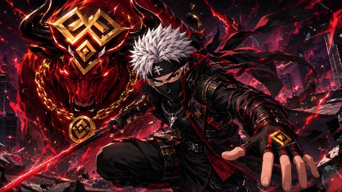 A fierce white-haired ninja crouches dynamically in front of a glowing red bull adorned with golden BNB (Binance Coin) logos, symbolizing bullish momentum on the BNB Chain. The dark, fiery aesthetic and gold cryptocurrency emblems visually reinforce the "Bulls unleashed on BNB Chain" theme, evoking aggressive upward market energy.