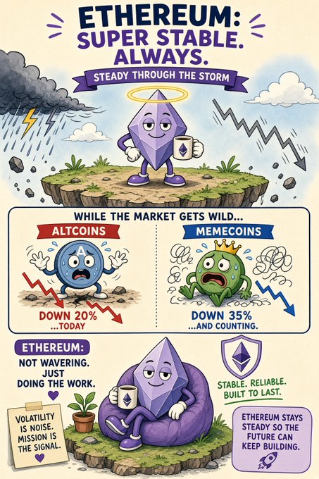 A humorous infographic titled 'ETHEREUM: SUPER STABLE. ALWAYS. STEADY THROUGH THE STORM' showing the Ethereum logo relaxing while 'ALTCOINS' and 'MEMECOINS' panic.