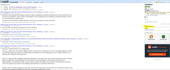 A Reddit r/ethereum thread titled 'A note of gratitude, and a small request' by user 'el33th0r' discussing ETH2.0 validator challenges, technical issues with Lighthouse clients, and seeking community support with 21 post karma.