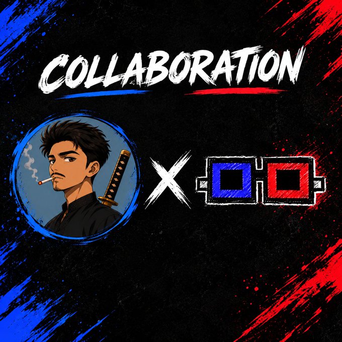 A 'COLLABORATION' graphic on a black background featuring an anime-style samurai character on the left and a red and blue 3D glasses logo on the right.