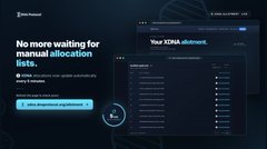 The image is a promotional graphic for DNA Protocol featuring the text "No more waiting for manual allocation lists. -All XDNA holders now receive automatic allocations every 5 minutes." on the left, alongside a screenshot of the XDNA allotment dashboard on the right. The graphic directly supports the announcement about DNA Protocol upgrading $XDNA allocations on the XRP Ledger, emphasizing the new automated system.