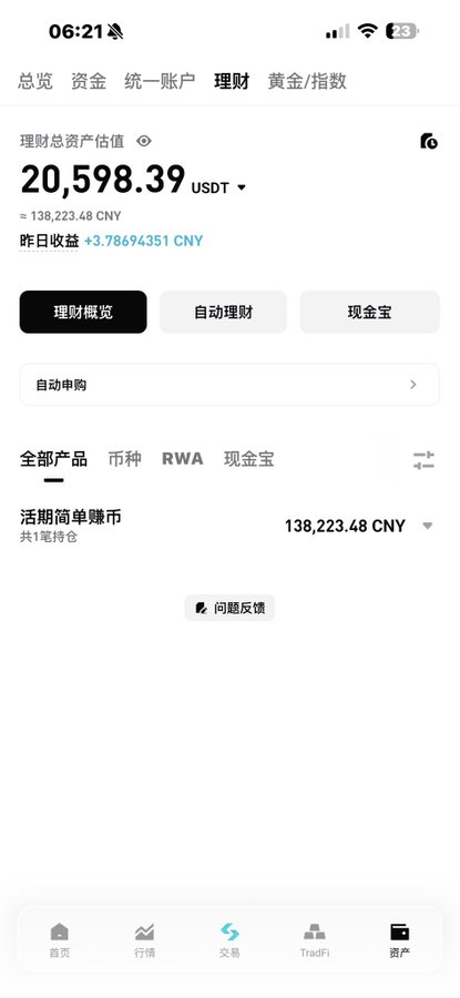 A Chinese mobile banking app screenshot showing total assets valued at 20,598.39 USDT (≈138,223.48 CNY) with a daily return of +3.78694351 CNY.