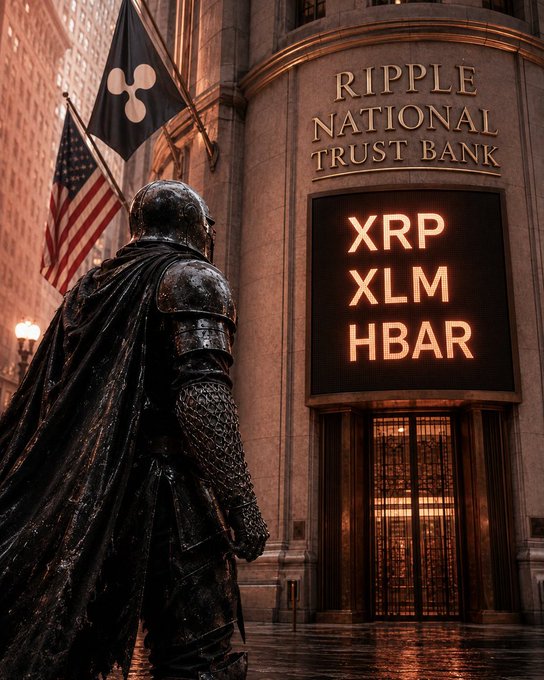 An armored guardian stands watch outside the illuminated "Ripple National Trust Bank," beneath a digital ticker board displaying "XRP, XLM, HBAR" alongside an American flag and a Ripple logo—visually framing the post's message of steadfast conviction during a market selloff.
