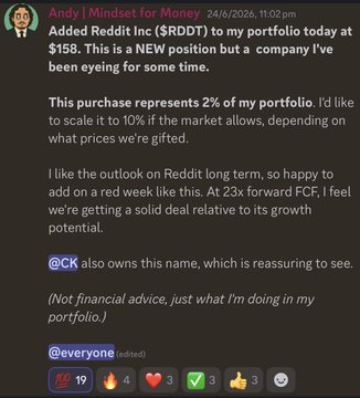 The image is a Discord message from Andy at "Mindset for Money" announcing the addition of Reddit Inc ($RDDT) to his portfolio at $158, citing a 2% position and long-term growth potential at 23x forward FCF, with a note that @CK also owns the stock. The caption relates to the post by highlighting how $RDDT's recent surge led to notable gains for Assembly members.