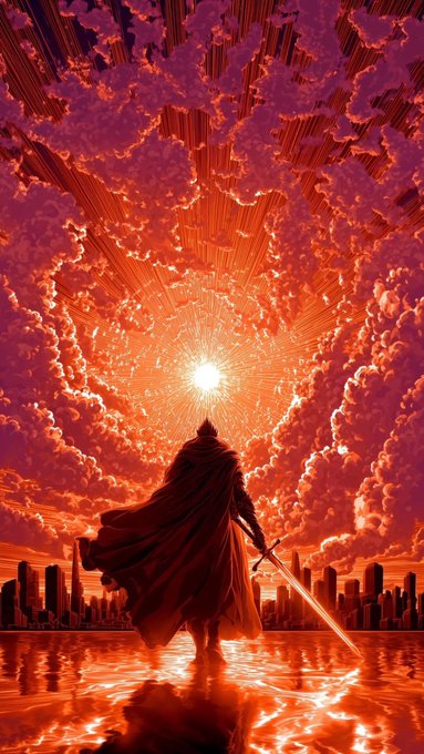 A dramatic digital artwork of a cloaked figure holding a glowing sword, standing before a futuristic skyline under a brilliant orange sunburst and swirling clouds.