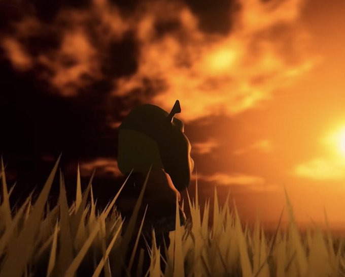 An animated character with a dark hat stands in a field of grass, silhouetted against a dramatic orange sunset sky filled with clouds.