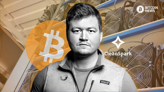 A grayscale photo of a man (likely Sani, based on the @SaniExp tag) is overlaid with a large orange Bitcoin logo and the "CleanSpark" logo with its diamond emblem, set against a backdrop of bitcoin mining hardware fans. The image visually accompanies news that CleanSpark transferred 5,000 $BTC to Coinbase Prime.