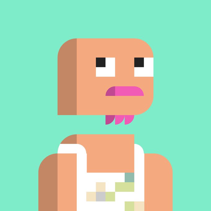 A pixel art illustration of a blocky character with brown skin, large eyes, pink lips, and a white tank top against a teal background.