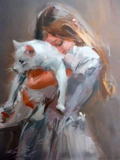 An impressionistic oil painting of a woman with brown hair affectionately hugging a white and orange cat.