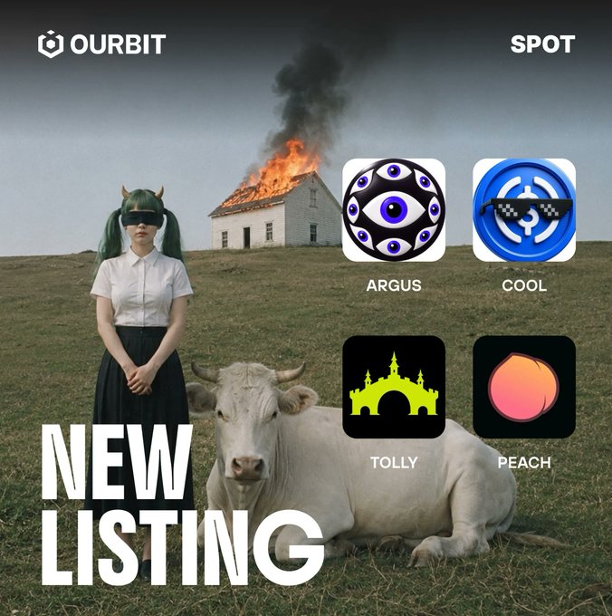 A surreal promotional image for Ourbit Spot announcing new listings, featuring a girl with green hair and VR goggles, a horned cow, and a burning house in a field, alongside app-style icons for ARGUS, COOL, TOLLY, and PEACH.