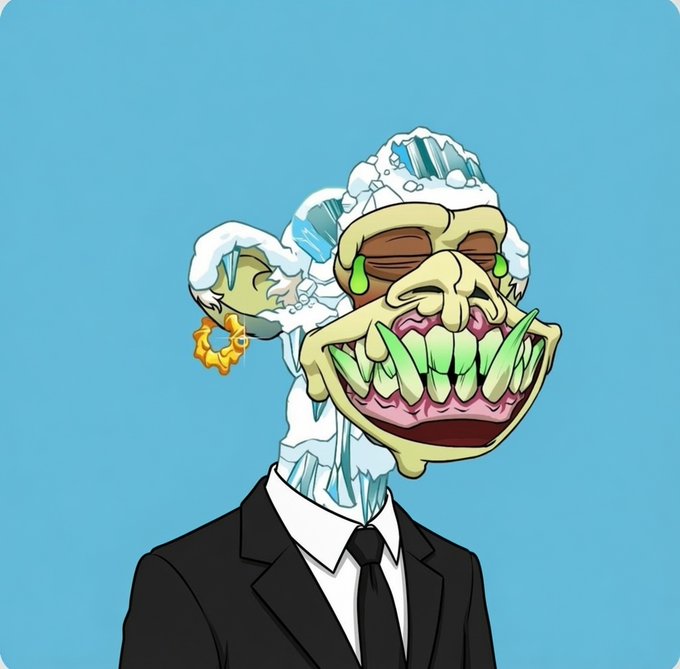 A cartoon illustration depicts a grotesque, smiling humanoid figure with icy blue crystalline hair, green-tinted sharp teeth, and a gold hoop earring, dressed in a formal black suit and tie against a light blue background.