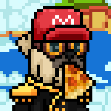 A pixel art character wearing a red cap and orange goggles stands against a blue, cloudy background.