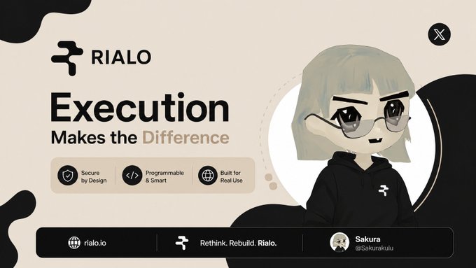 A promotional graphic for RIALO featuring an anime-style character with glasses, the tagline 'Execution Makes the Difference,' and listing features like 'Secure by Design' and 'Programmable & Smart.'
