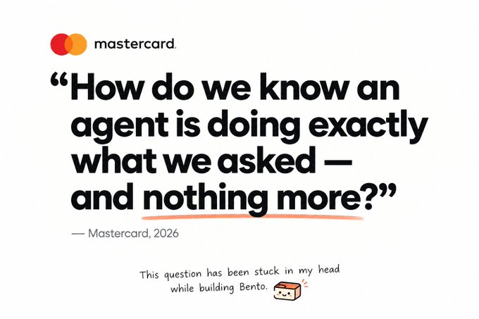 A quote attributed to Mastercard, 2026, reads: "How do we know an agent is doing exactly what we asked — and nothing more?" with a handwritten note below saying "This question has been stuck in my head while building Bento."