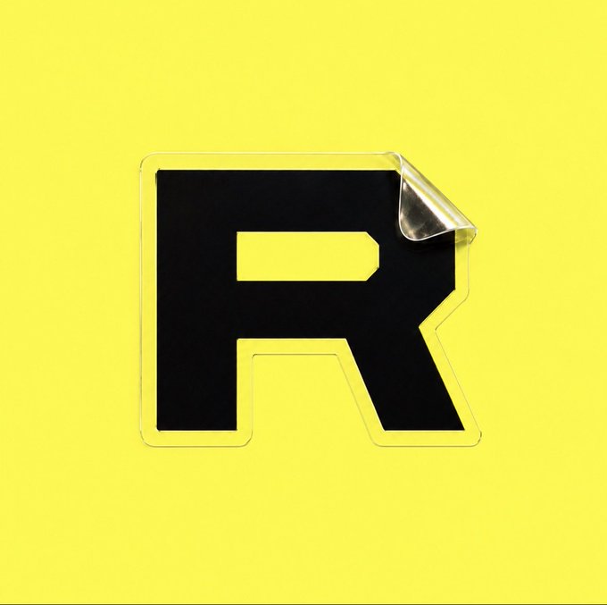 A bold black letter "R" is displayed on a transparent sticker with a peeling top-right corner, set against a bright yellow background.