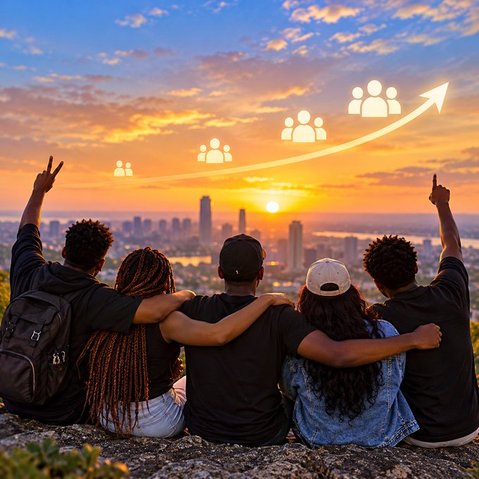 A group of five people sit together with their arms around each other, looking out at a city skyline at sunset. Graphics of people icons and an upward arrow are overlaid on the image.