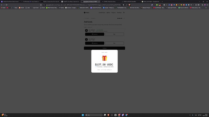 A screenshot of a MoonPay "Add funds" interface displaying a $137.58 USDC purchase confirmation popup. The image relates to the post by illustrating a MoonPay transaction used to claim the mentioned airdrop rewards.