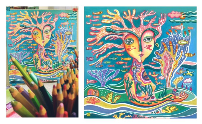 Two images of a colorful, surreal artwork depicting a face with coral-like hair surrounded by fish and underwater scenery, shown alongside colored pencils used to create it.