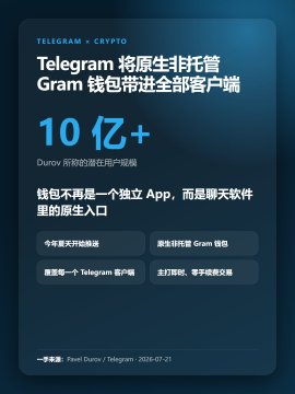 Telegram crypto promotional graphic stating that Telegram's native non-custodial wallet will be integrated into all clients, highlighting 1 billion+ monthly active users (Dunuo/panel), dated 2025-07-21.