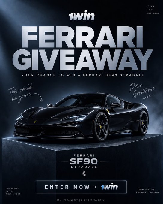 A promotional poster reads '1win FERRARI GIVEAWAY: YOUR CHANCE TO WIN A FERRARI SF90 STRADALE' and features a sleek black sports car with 'Drive Greatness' written beside it.
