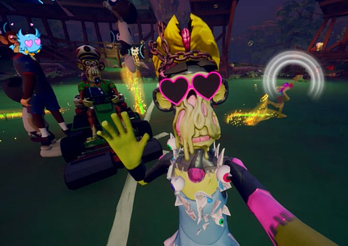 A player with heart-shaped sunglasses, a spiked necklace, and a melty yellow face strikes a pose in a vibrant Otherside metaverse scene, capturing the excitement of the $1000 Feather Syndicate victory celebration.