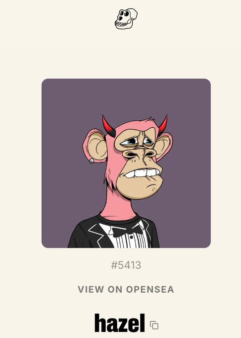 An NFT listing (#5413) on the Hazel platform showing a cartoon pink monkey character wearing a black tuxedo with red horns, displayed on a purple background with a 'VIEW ON OPENSEA' button and a skull icon at the top.