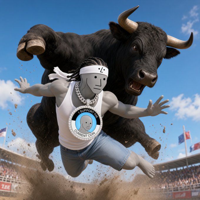 A surreal composite image showing a gray character with a headband and large medallion reading 'I SUPPORT THE CURRENT COIN' being chased by a massive black bull in a stadium arena with dirt flying.