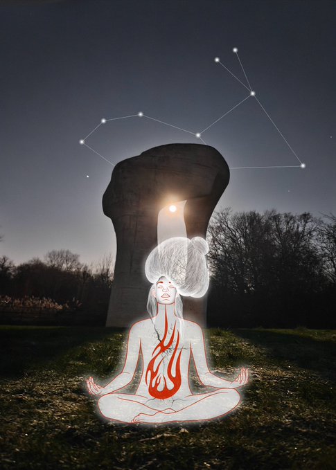 Artistic photo illustration featuring a glowing, meditating female figure with flowing hair and a red flame-like design on her torso, set against a dark landscape with a stone archway and a constellation of stars above.
