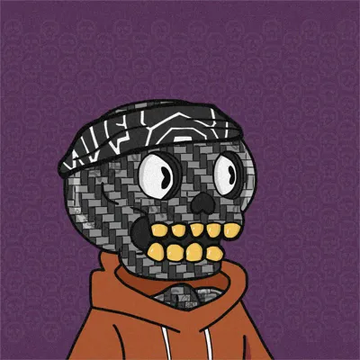 A cartoon-style NFT character with a gray textured head, white eyes, prominent yellow teeth, wearing a brown hoodie against a purple patterned background.