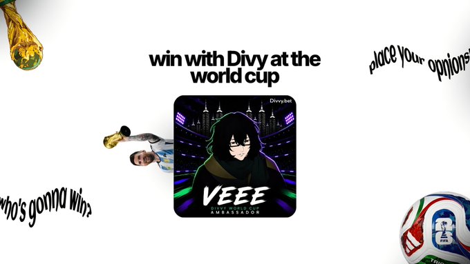 In this image, there's an advertisement for a sports betting platform called "@divvy" which is related to the World Cup. It features a young man wearing goggles and glasses as the main character or avatar, showcasing him against a white background with a soccer ball in front of him. The text on the poster includes phrases such as "Win with Divy at the World Cup", "Big one guys: i'm officially a World Cup Ambassador for @divvy". This advertisement seems to promote a betting app and emphasizes the excitement around the World Cup.