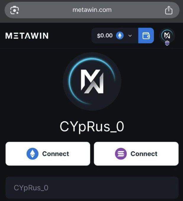A screenshot of metawin.com showing a user profile for 'CYpRus_0' with a MetaWin logo, a $0.00 balance, and Connect buttons for MetaMask and Phantom wallets.