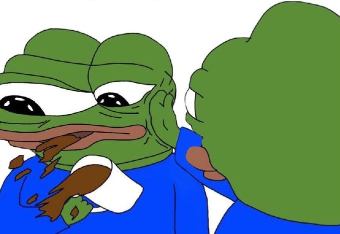 Two Pepe the Frog meme characters in blue shirts, with the one on the left holding a brown object that appears broken, looking at its reflection in a mirror.
