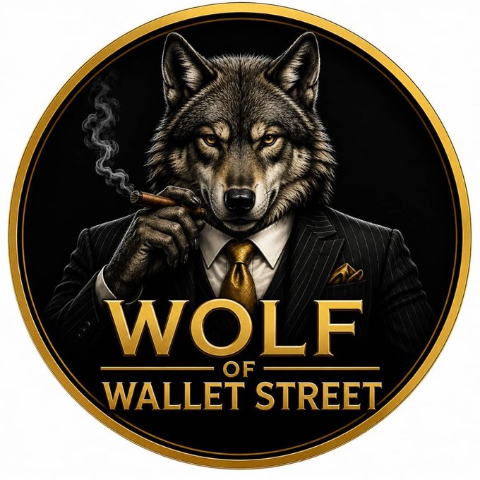The image is a circular logo featuring a wolf dressed in a black pinstripe suit with a gold tie, holding a smoking cigar, and the text "WOLF OF WALLET STREET" displayed in gold lettering across the bottom. This branding ties directly to the $WOLF cryptocurrency token mentioned in the post, with the dapper wolf mascot representing the project's identity alongside the shared contract address and small market cap.