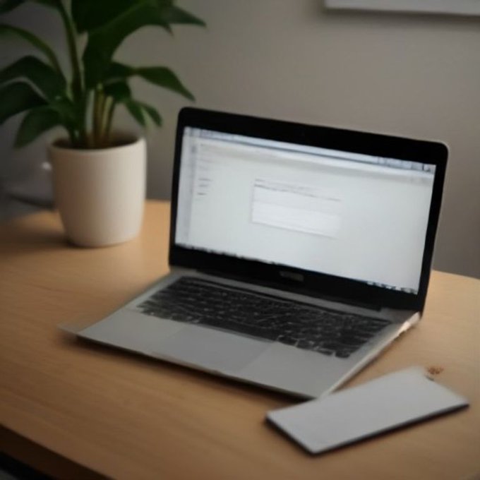A laptop sits open on a wooden desk next to a potted plant, displaying what appears to be a login or form page on the screen.