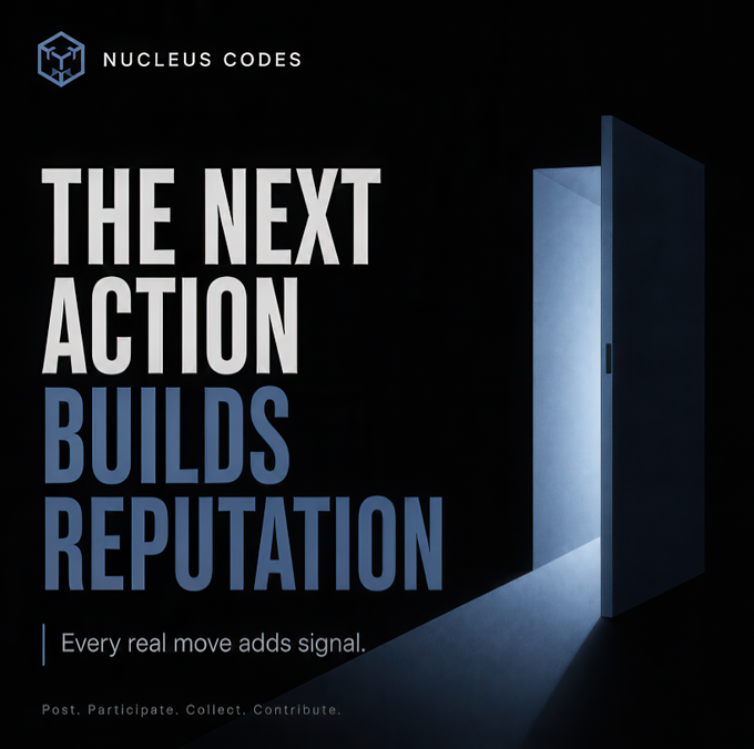 A dark promotional graphic for Nucleus Codes features the bold headline "THE NEXT ACTION BUILDS REPUTATION" alongside an image of a partially opened door with light streaming through, paired with the tagline "Every real move adds signal" and the call-to-action "Post. Participate. Collect. Contribute." The visual metaphor of the door opening directly reinforces the post's message that reputation is built layer by layer through consistent actions that reveal new opportunities.