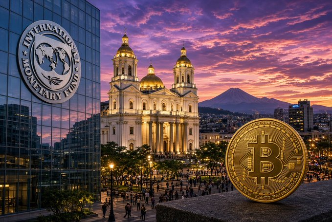 An illustrated scene showing the International Monetary Fund logo, a cathedral, a mountain, and a gold Bitcoin coin at sunset.