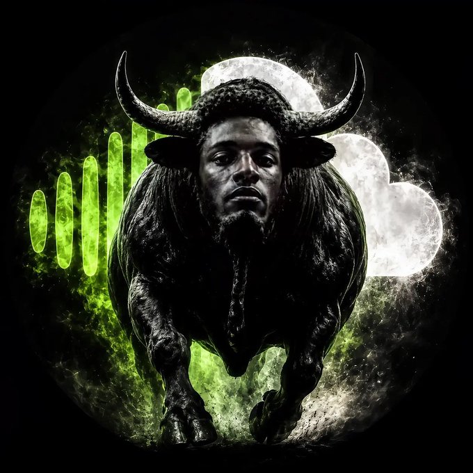 A powerful black bull with a man's face charges forward against a backdrop of green audio waveforms and white smoke, embodying the strength and quiet intensity referenced in the "Bull Anthem" ($BULL) post for the Solana community.