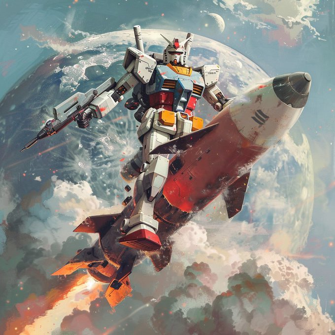 An illustrated painting of a Gundam-style mecha riding a rocket through clouds with a planet in the background, in a retro anime aesthetic.
