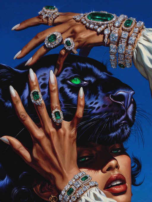 Stylized digital artwork of a woman adorned with elaborate emerald and diamond jewelry, accompanied by a black panther with glowing green eyes against a blue background.
