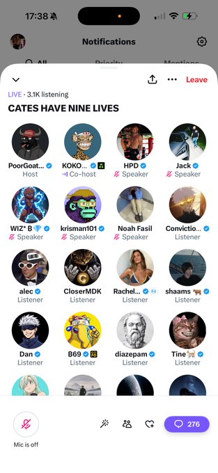 A Twitter/X Spaces screenshot showing an active audio room titled "CATS HAVE NINE LIVES" with 3.1K listening, 276 participants, and the mic turned off, featuring hosts PoorGoat and KOKO alongside various speakers and listeners, illustrating the large audience engagement referenced in the post about the $cate coin community.