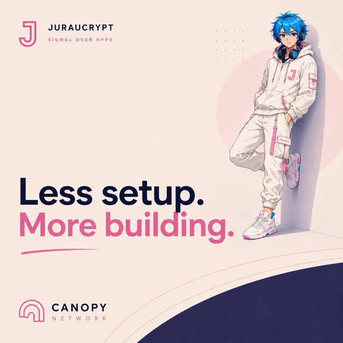 A promotional graphic for 'JURAUCRYPT' with the tagline 'SIGNAL OVER HYPE' features a blue-haired anime character in a white tracksuit, with the text 'Less setup. More building.' and the 'CANOPY NETWORK' logo.