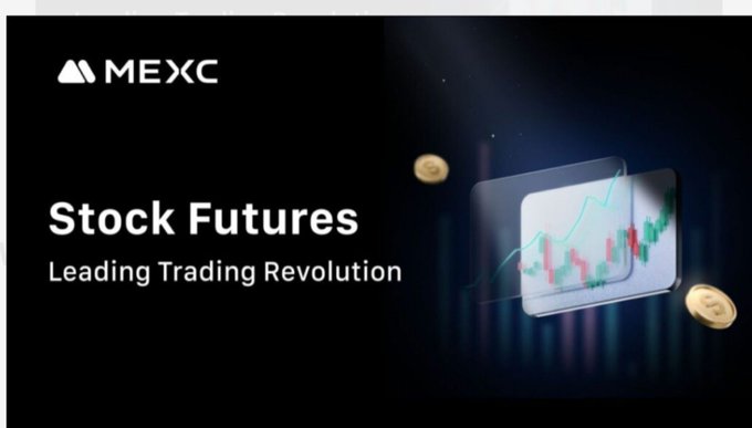 A promotional banner from MEXC featuring the "MEXC" logo alongside bold text reading "Stock Futures — Leading Trading Revolution," with a graphic of candlestick charts and gold coins against a dark background, visually representing the leveraged derivative trading product discussed in the accompanying post.