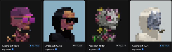 Four pixel art NFT profile cards labeled 'Argonaut' (#4536, #0753, #9254, #4074) display different characters in pink, blue, and gray tones, each showing an ETH price and a verified checkmark.
