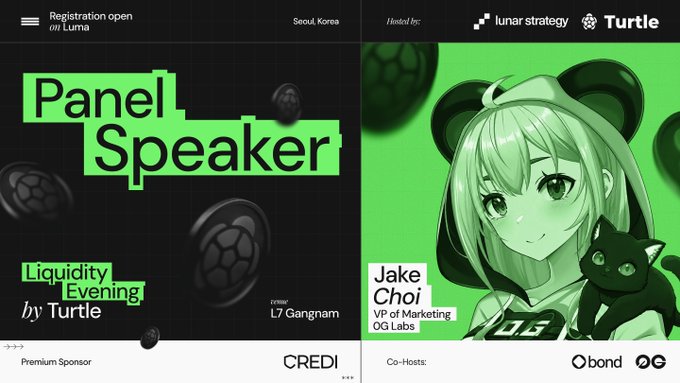 A promotional graphic for a 'Liquidity Evening by Turtle' in Seoul, Korea, announces Jake Choi, VP of Marketing at OG Labs, as a panel speaker, sponsored by CREDI.