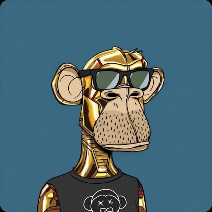 The image features a cartoon monkey wearing sunglasses, glasses, and a black t-shirt with a white skull design. The caption reads "A grail Gold fur BAYC recently sold for 95e But how much is a Gold Death Bot ape worth?". This suggests that the monkey in the image might be related to or inspired by the character Deathbot from the video game Fortnite, which has gained significant popularity over the years.

The post also mentions that the monkey's value is 95e. However, it is important to note that this information may not be entirely accurate due to the subjective nature of determining a cartoon animal's worth in the market. The image itself does not provide any specific details about the monkey or its context, making it difficult to determine the exact value without additional information.