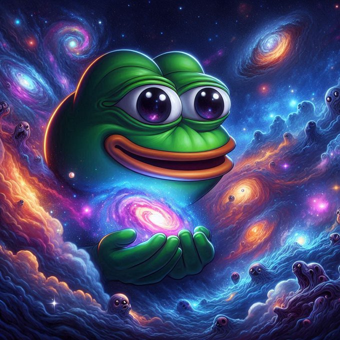 A vibrant digital illustration of Pepe the Frog with cosmic galaxy swirls in the background, holding a glowing purple galaxy in its hands amidst colorful nebulae.
