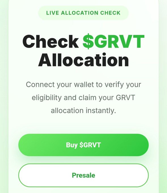 A digital marketing graphic titled 'Check $GRVT Allocation' with text explaining how to connect a wallet, featuring a green 'Buy $GRVT' button and a 'Presale' button.