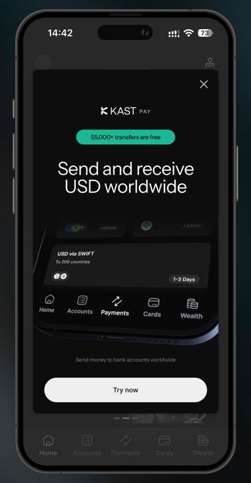 A mobile app screenshot of KAST PAY promoting 'Send and receive USD worldwide' with a '$5,000+ transfers are free' banner and a 'Try now' button, set against a dark background showing a phone outline.