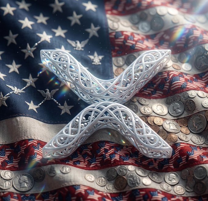 Two intricately designed silver XRP Ripple coin models rest atop an American flag surrounded by scattered US coins and miniature flags, visually linking the cryptocurrency's potential rise to American economic prosperity—fitting imagery for Jake Claver's bold "Domino Theory" prediction that XRP could soar to $100.