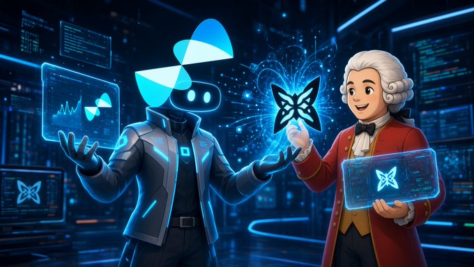 A futuristic scene showing a robot with a glowing blue Solana logo head and a man in a red coat with a powdered wig, both interacting with holographic butterfly icons and screens.